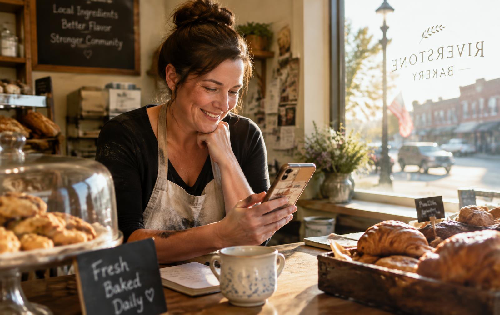 Bakery owner smiling at a social post on her phone
